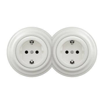 Kliklap - Διπλή ρετρό οικιακή πρίζα SCHUKO 230V/16A με πλαίσιο, κεραμική, λευκή