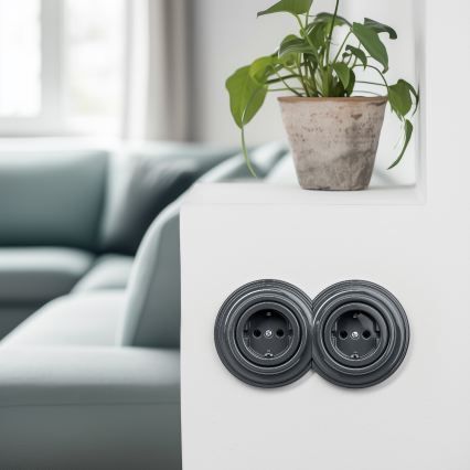 Kliklap - Διπλή ρετρό οικιακή πρίζα SCHUKO 230V με πλαίσιο ανθρακί