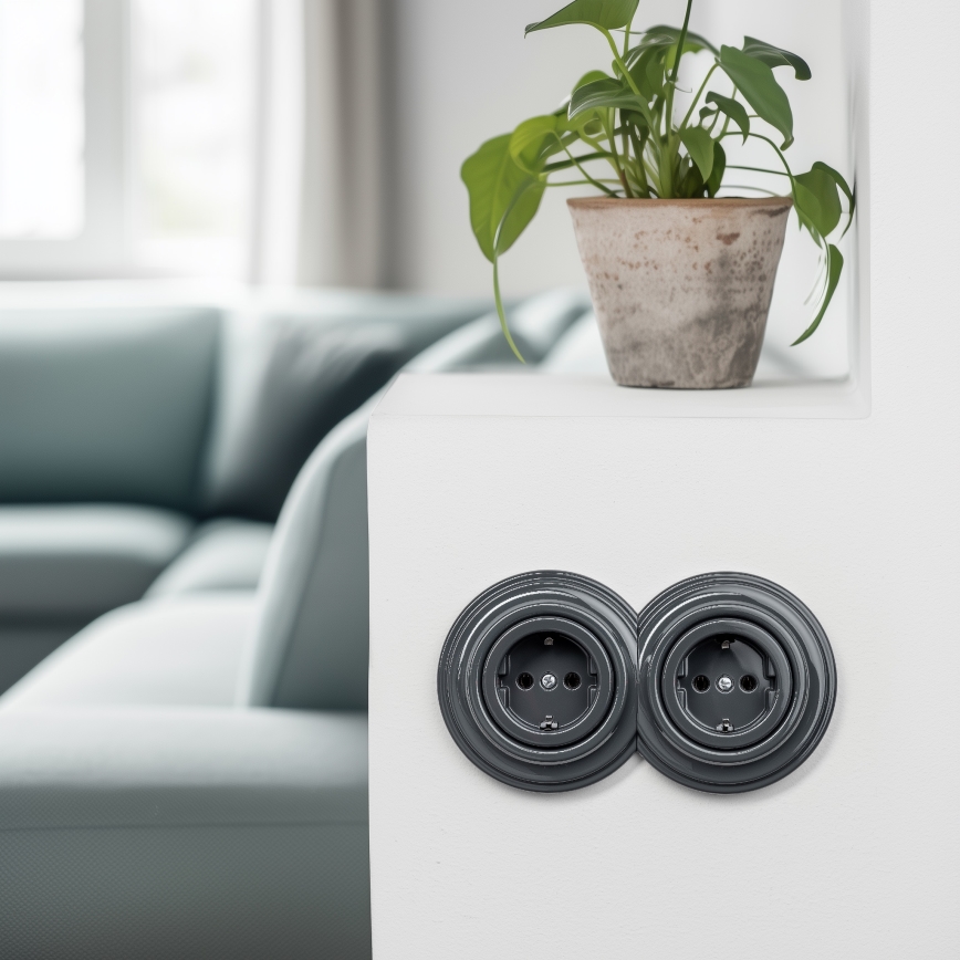 Kliklap - Διπλή ρετρό οικιακή πρίζα SCHUKO 230V με πλαίσιο ανθρακί