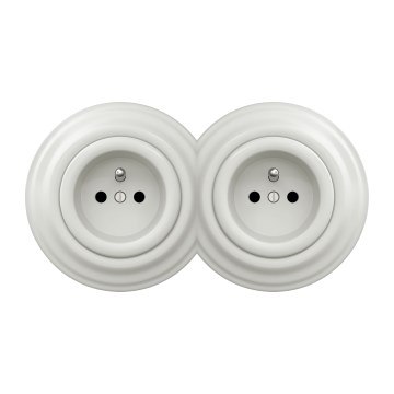 Kliklap - Διπλή ρετρό οικιακή πρίζα με πλαίσιο 230V, κεραμική, λευκή