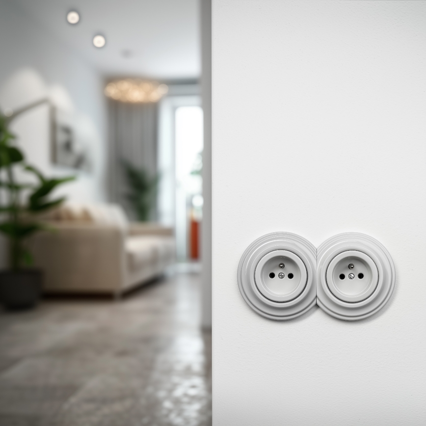 Kliklap - Διπλή ρετρό οικιακή πρίζα με πλαίσιο 230V, κεραμική, λευκή