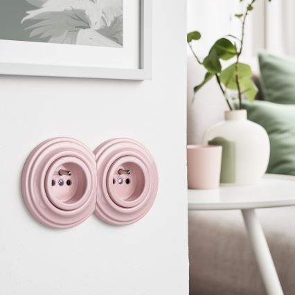 Kliklap - Διπλή ρετρό οικιακή πρίζα με πλαίσιο 230V σε αντικέ ροζ