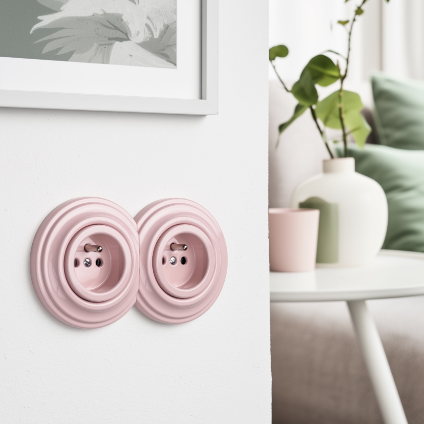 Kliklap - Διπλή ρετρό οικιακή πρίζα με πλαίσιο 230V σε αντικέ ροζ