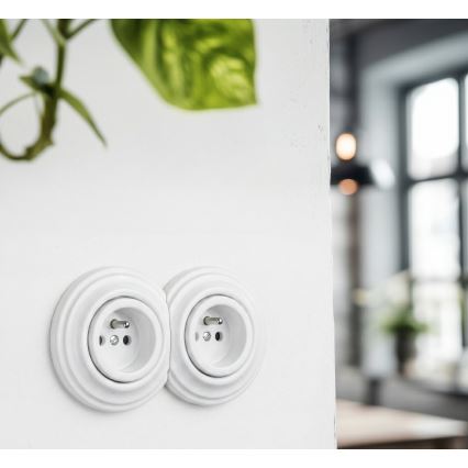 Kliklap - Διπλή ρετρό οικιακή πρίζα με πλαίσιο 230V, σε χιονάτο λευκό