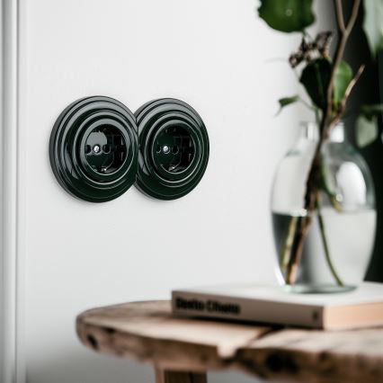 Kliklap - Διπλή ρετρό οικιακή πρίζα με πλαίσιο SCHUKO 230V, πράσινη