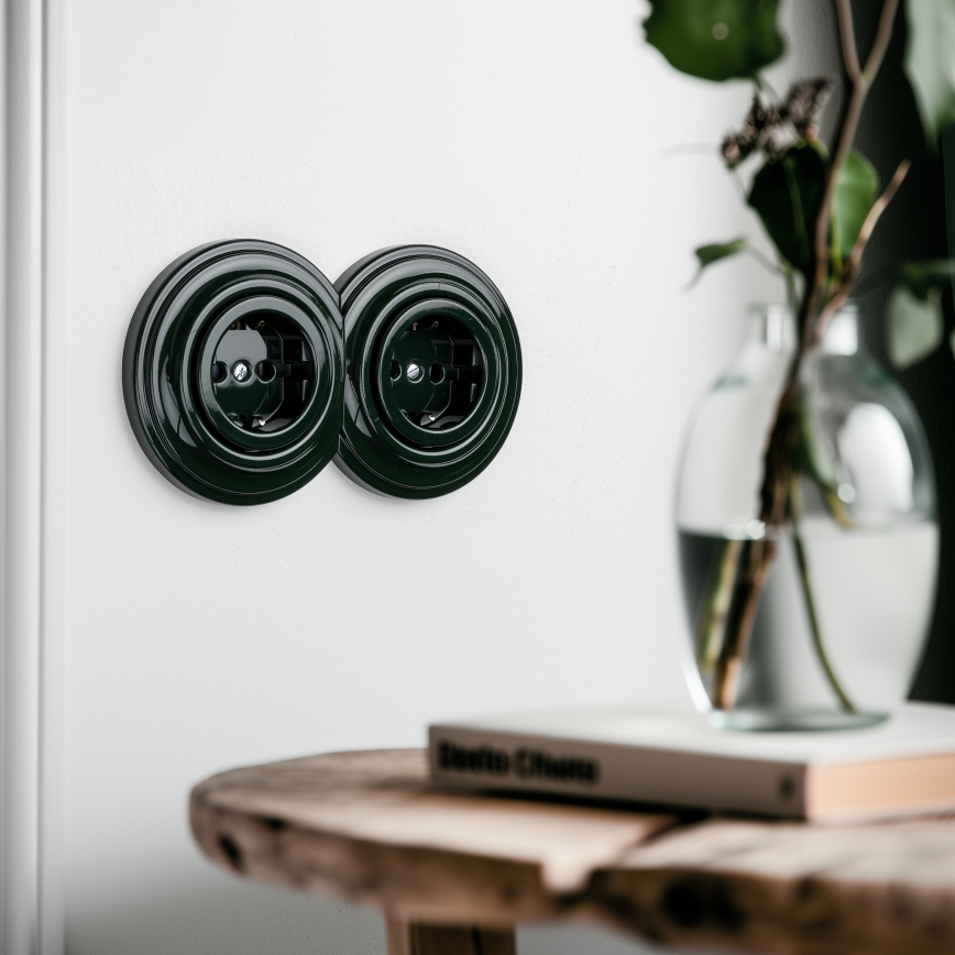 Kliklap - Διπλή ρετρό οικιακή πρίζα με πλαίσιο SCHUKO 230V, πράσινη