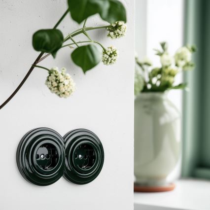 Kliklap - Διπλή ρετρό οικιακή πρίζα με πλαίσιο SCHUKO 230V, πράσινη