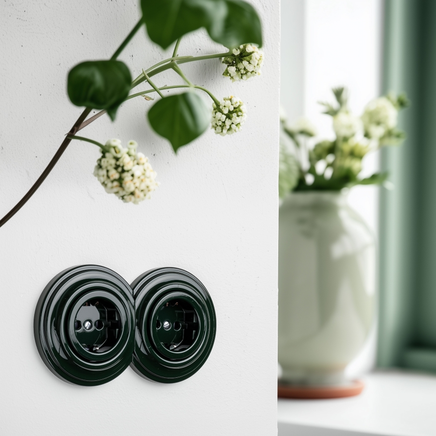 Kliklap - Διπλή ρετρό οικιακή πρίζα με πλαίσιο SCHUKO 230V, πράσινη