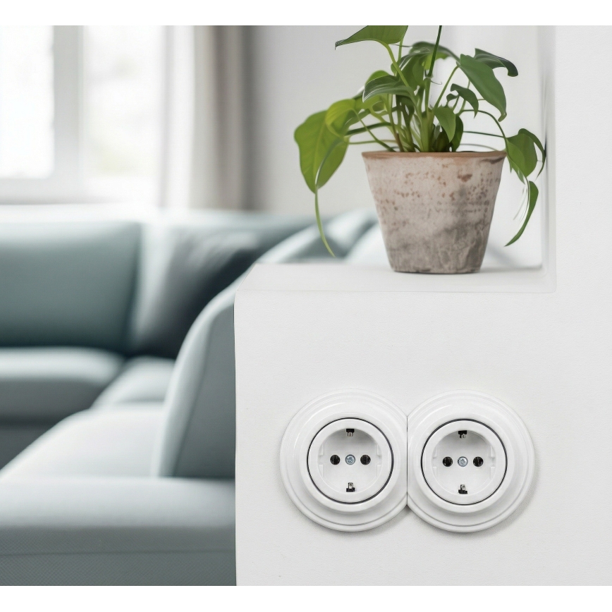 Kliklap - Διπλή ρετρό οικιακή πρίζα με πλαίσιο SCHUKO 230V, χιόνι-λευκή