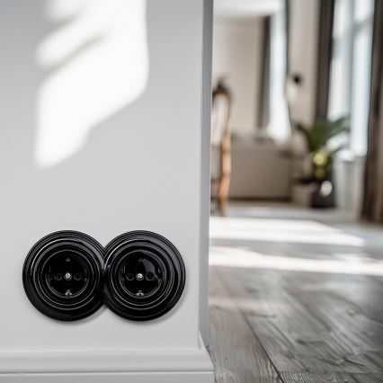 Kliklap - Διπλή ρετρό οικιακή πρίζα με πλαίσιο, τύπου SCHUKO, 230V, μαύρη