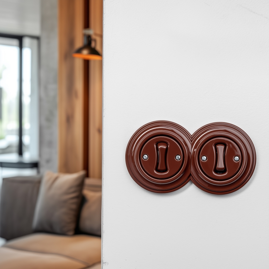 Kliklap - Διπλός ρετρό μονοπολικός διακόπτης με πλαίσιο αρ. 1, καφέ