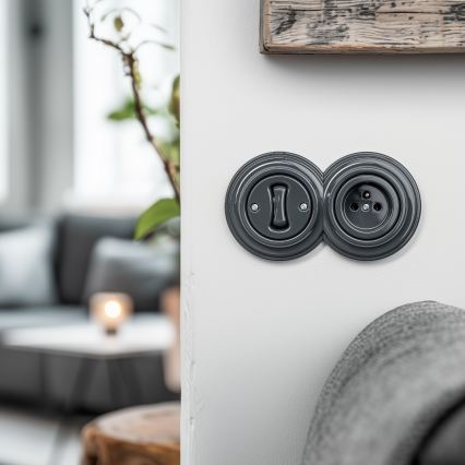 Kliklap - Διπλός ρετρό μονοπολικός διακόπτης με πλαίσιο αρ. 1 σε απόχρωση ανθρακί