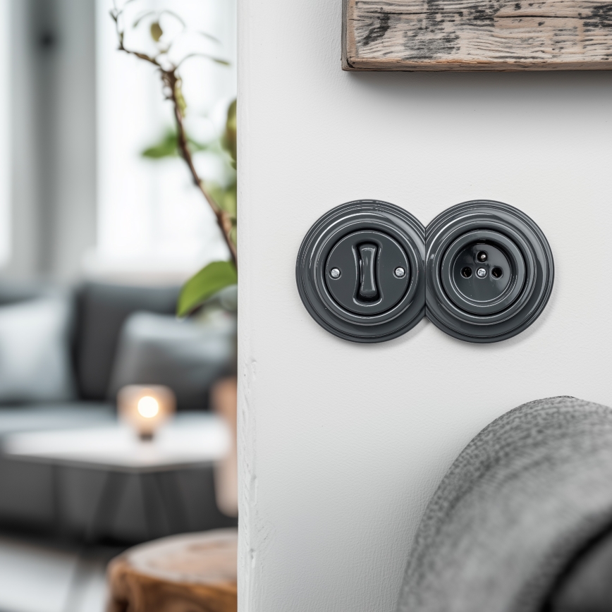 Kliklap - Διπλός ρετρό μονοπολικός διακόπτης με πλαίσιο αρ. 1 σε απόχρωση ανθρακί