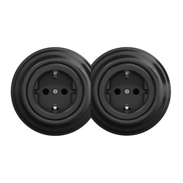 Kliklap - Διπλή ρετρό οικιακή πρίζα SCHUKO με πλαίσιο, 230V, μαύρη