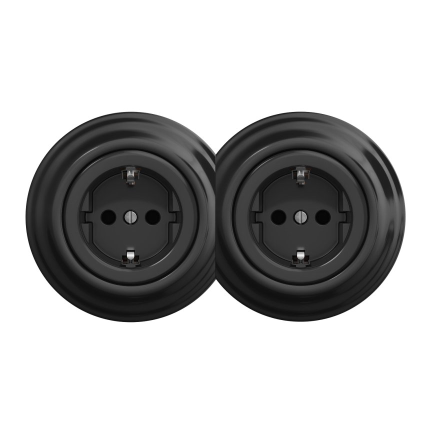 Kliklap - Διπλή ρετρό οικιακή πρίζα SCHUKO με πλαίσιο, 230V, μαύρη
