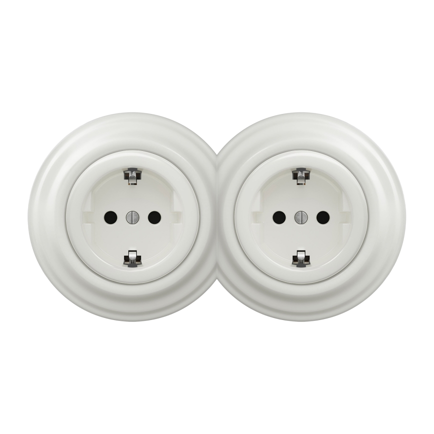 Kliklap - Διπλή ρετρό οικιακή πρίζα με πλαίσιο SCHUKO 230V/16A λευκή