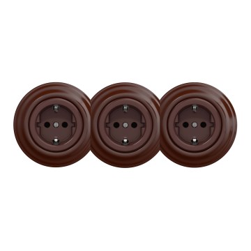 Kliklap - Τριπλή ρετρό οικιακή πρίζα με πλαίσιο SCHUKO 230V, καφέ