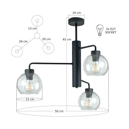 Κρεμαστό φωτιστικό FLEX 3xE27/60W/230V μαύρο/διαφανές