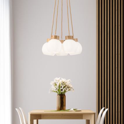 Κρεμαστό φωτιστικό LOOMIS με καλώδιο, 5xE27/15W/230V, 83 cm, μπεζ/δρυς