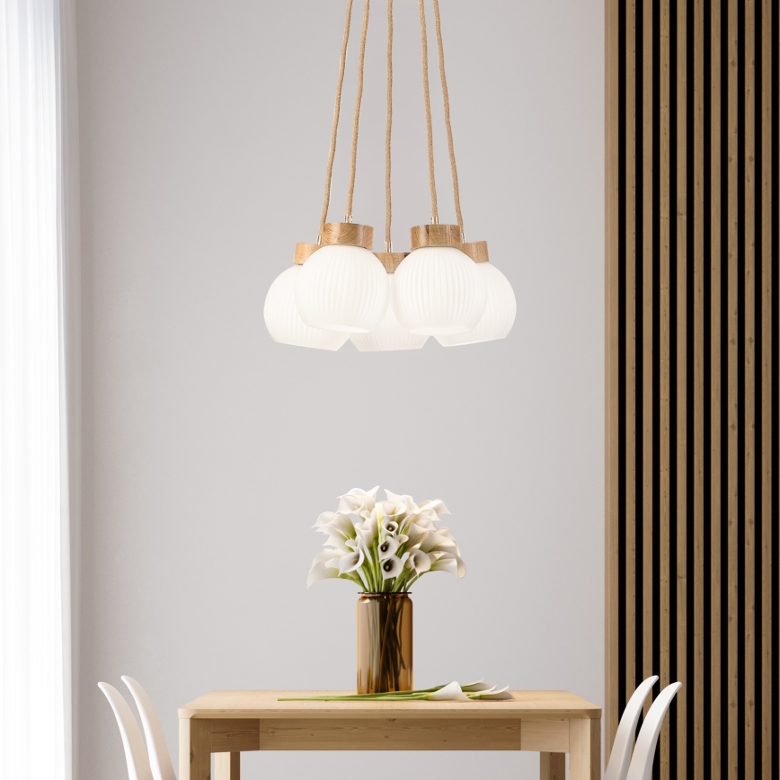 Κρεμαστό φωτιστικό LOOMIS με καλώδιο, 5xE27/15W/230V, 83 cm, μπεζ/δρυς