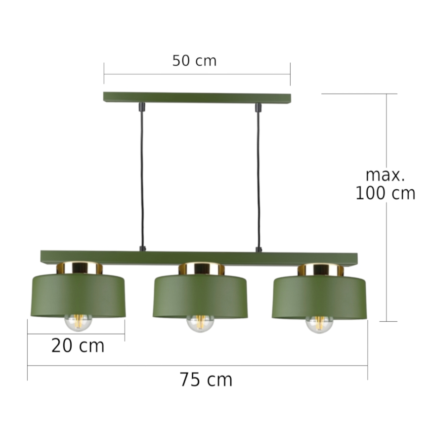 Κρεμαστό φωτιστικό σε καλώδιο IGNIA 3xE27/60W/230V πράσινο/χρυσό