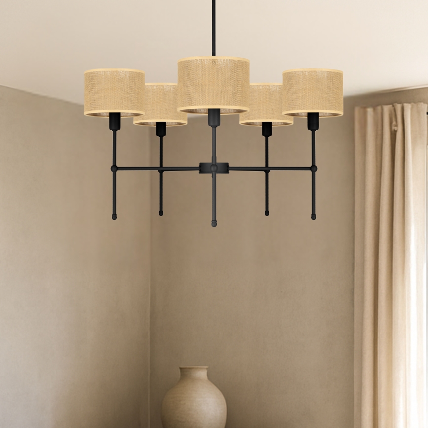 Κρεμαστό φωτιστικό σε ράβδο MADELA 5xE14/40W/230V γιούτα/μαύρο