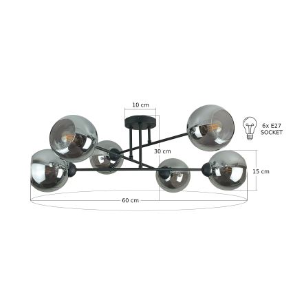 Κρεμαστό φωτιστικό VASCO 6xE27/60W/230V μαύρο/φιμέ μαύρο