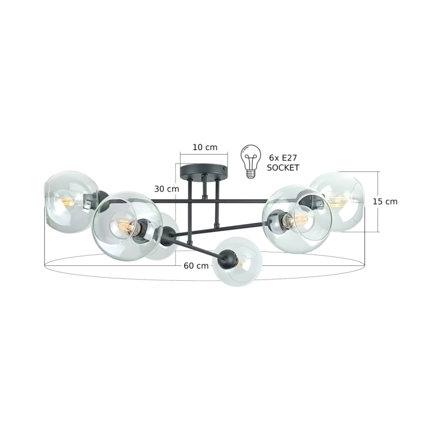Κρεμαστό φωτιστικό VASCO 6xE27/60W/230V μαύρο/διαφανές