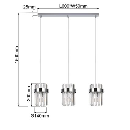 Κρεμαστό φωτιστικό VETRO με καλώδιο 3xE14/10W/230V σε γυαλισμένο χρώμιο