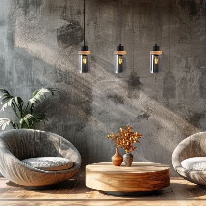 Κρεμαστό φωτιστικό WOODNEST με καλώδιο 3xE27/15W/230V, πεύκο/καπνιστό μαύρο