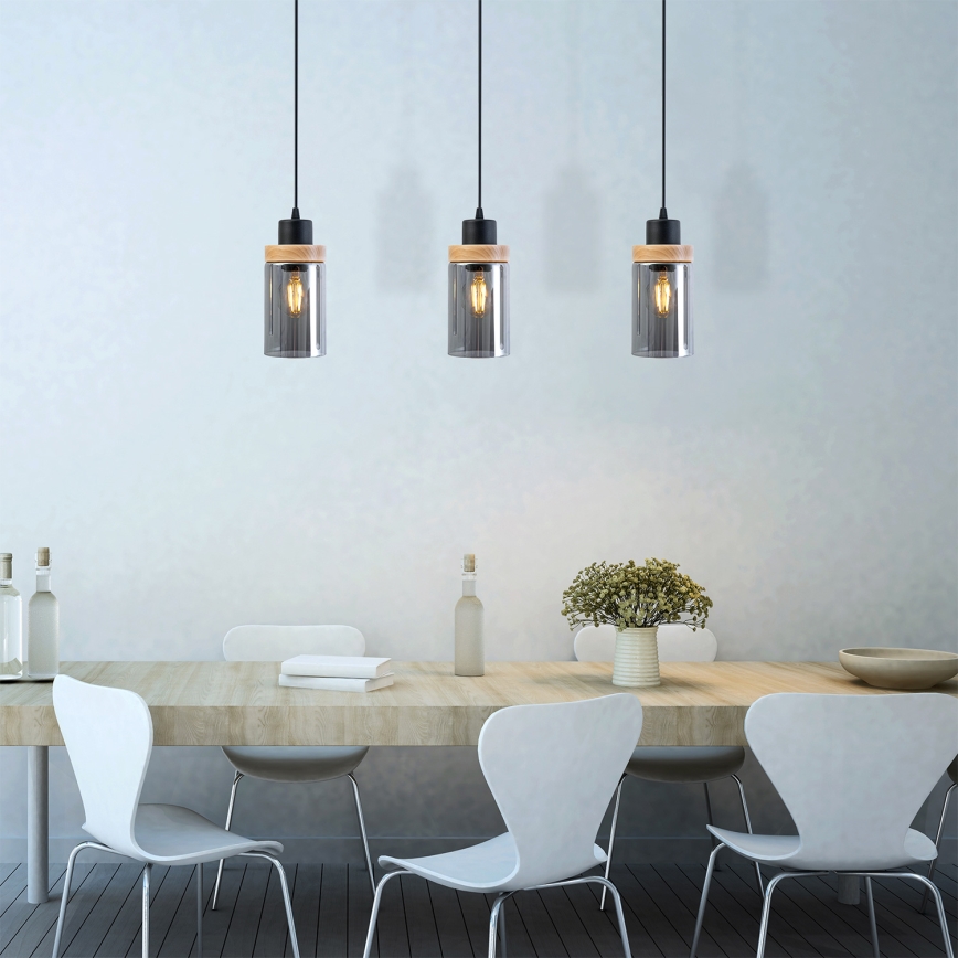 Κρεμαστό φωτιστικό WOODNEST με καλώδιο 3xE27/15W/230V, πεύκο/καπνιστό μαύρο