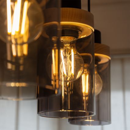 Κρεμαστό φωτιστικό WOODNEST με καλώδιο 3xE27/15W/230V, πεύκο/καπνιστό μαύρο