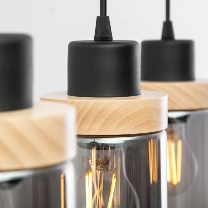 Κρεμαστό φωτιστικό WOODNEST με καλώδιο 3xE27/15W/230V, πεύκο/καπνιστό μαύρο