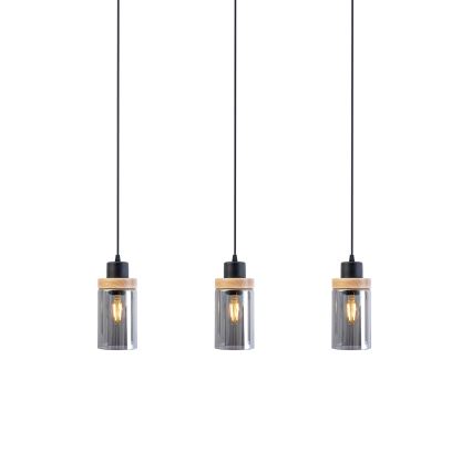 Κρεμαστό φωτιστικό WOODNEST με καλώδιο 3xE27/15W/230V, πεύκο/καπνιστό μαύρο