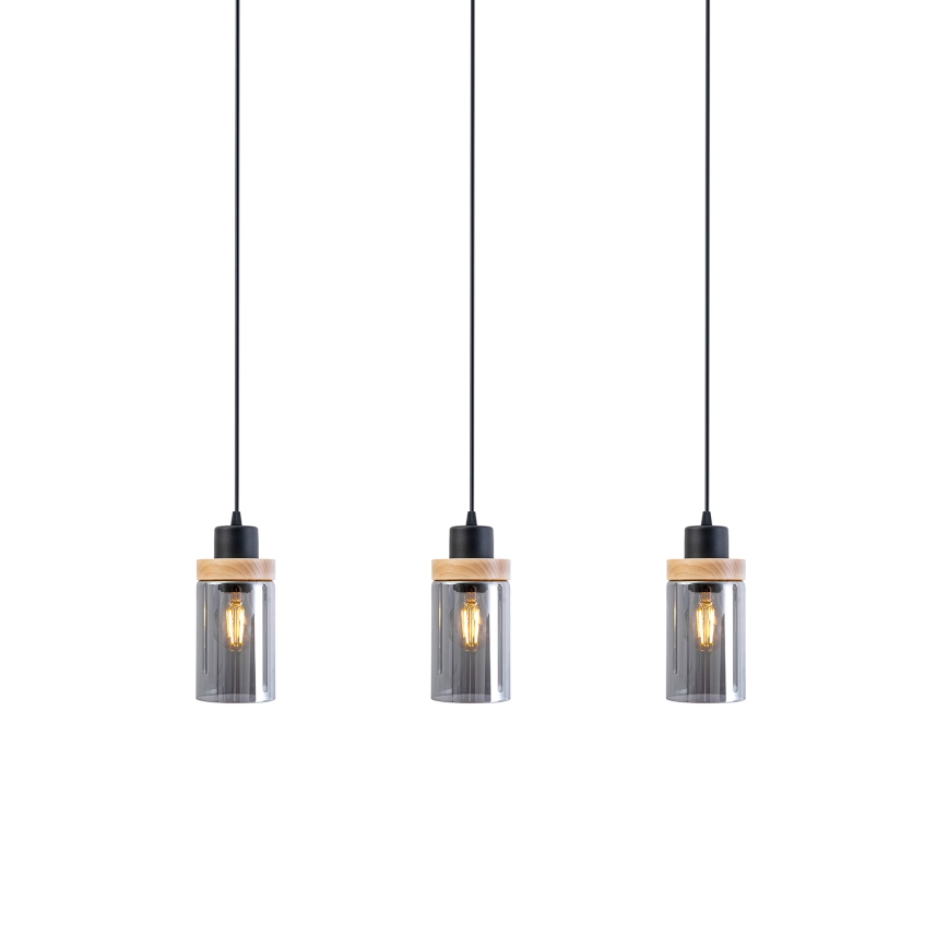 Κρεμαστό φωτιστικό WOODNEST με καλώδιο 3xE27/15W/230V, πεύκο/καπνιστό μαύρο