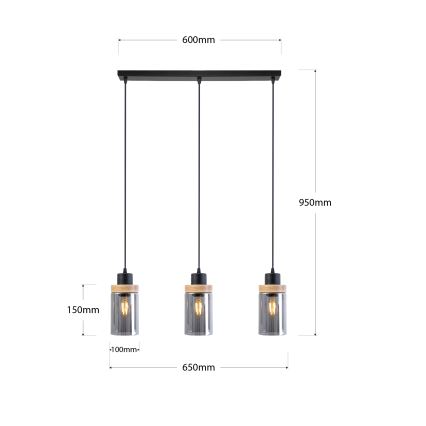 Κρεμαστό φωτιστικό WOODNEST με καλώδιο 3xE27/15W/230V, πεύκο/καπνιστό μαύρο