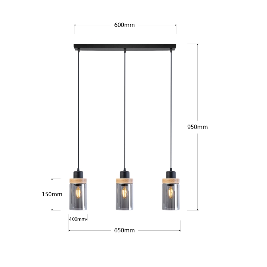 Κρεμαστό φωτιστικό WOODNEST με καλώδιο 3xE27/15W/230V, πεύκο/καπνιστό μαύρο