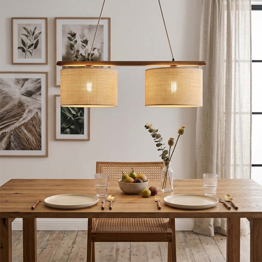 Κρεμαστό φωτιστικό με καλώδιο AIDA 2xE27/15W/230V, Ø 35 cm, δρυς/ραφία