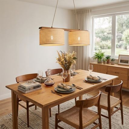 Κρεμαστό φωτιστικό με καλώδιο AIDA 2xE27/15W/230V, Ø 35 cm, δρυς/ραφία