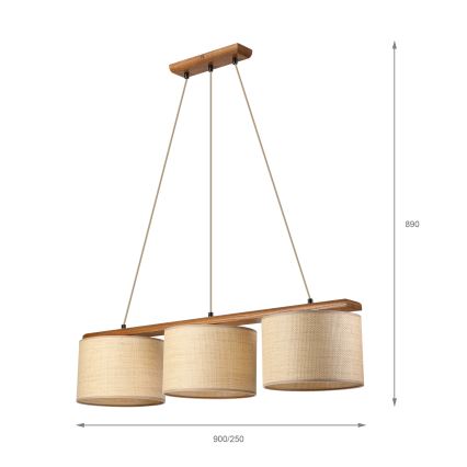 Κρεμαστό φωτιστικό με καλώδιο AIDA 3xE27/15W/230V Ø 25 εκ. δρυς/ραφία