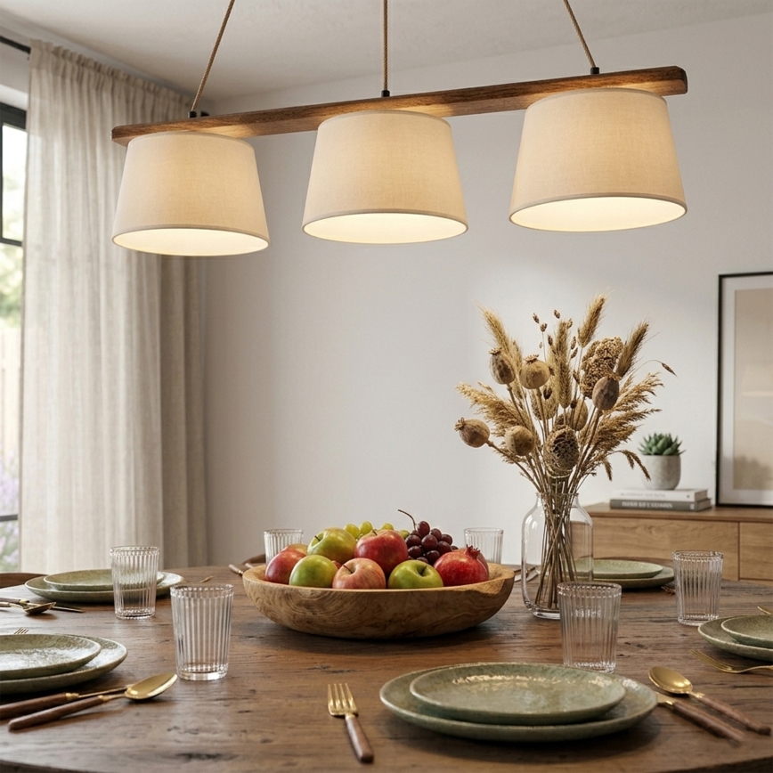 Κρεμαστό φωτιστικό με καλώδιο AIDA 3xE27/15W/230V, διάμετρος 25 cm, φινίρισμα δρυός/κρεμ