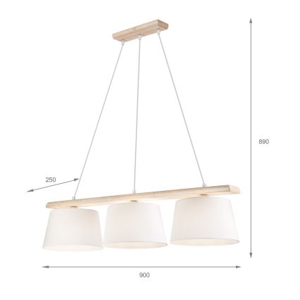 Κρεμαστό φωτιστικό με καλώδιο AIDA 3xE27/60W/230V, διάμ. 25 cm, δρυς/λευκό