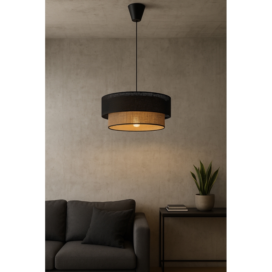 Κρεμαστό φωτιστικό με καλώδιο BORHO 1xE27/60W/230V Ø 40 cm μαύρο/γιούτα