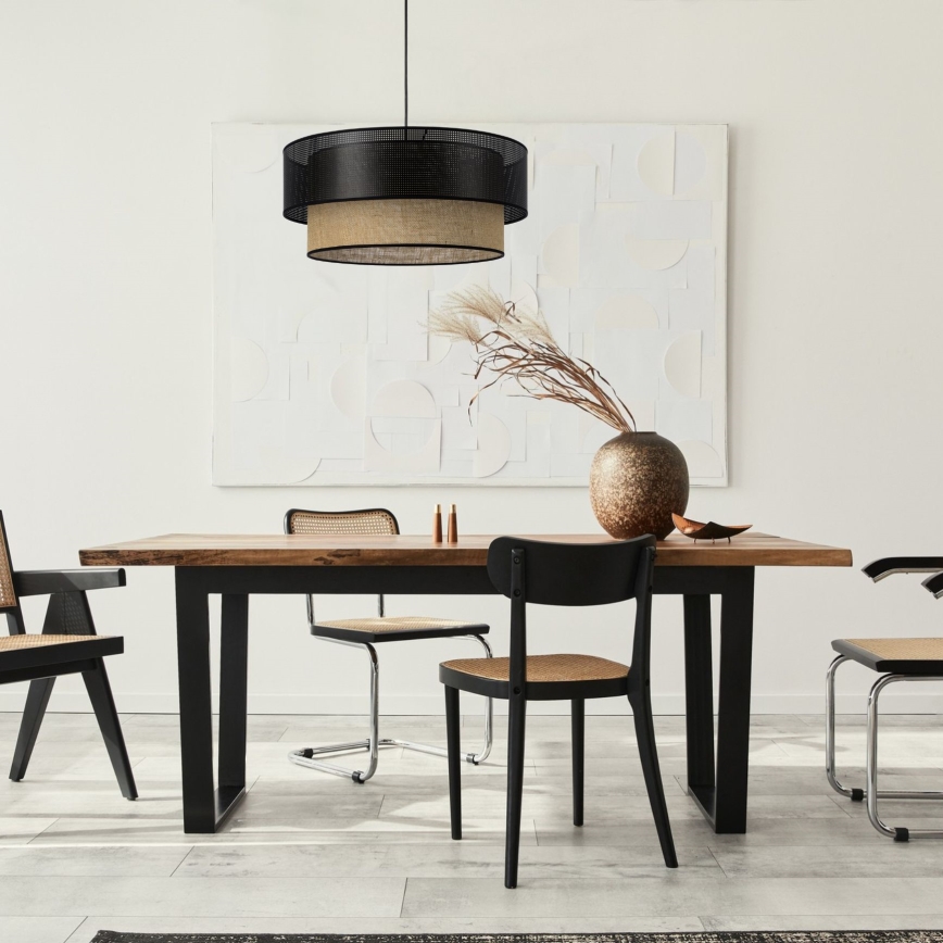 Κρεμαστό φωτιστικό με καλώδιο BORHO 1xE27/60W/230V Ø 40 cm μαύρο/γιούτα