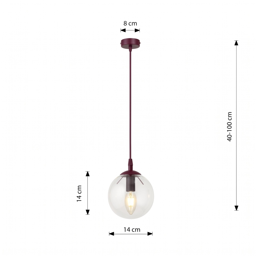 Κρεμαστό φωτιστικό με καλώδιο COSMO 1xE14/10W/230V διάμ. 14 cm κόκκινο/διάφανο