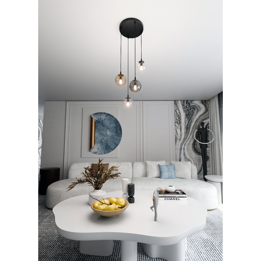 Κρεμαστό φωτιστικό σε καλώδιο COSMO 4xE14/10W/230V διάμ. 40 cm μαύρο/διαφανές/καπνιστό μαύρο/μπεζ