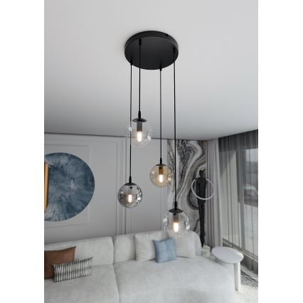 Κρεμαστό φωτιστικό σε καλώδιο COSMO 4xE14/10W/230V διάμ. 40 cm μαύρο/διαφανές/καπνιστό μαύρο/μπεζ