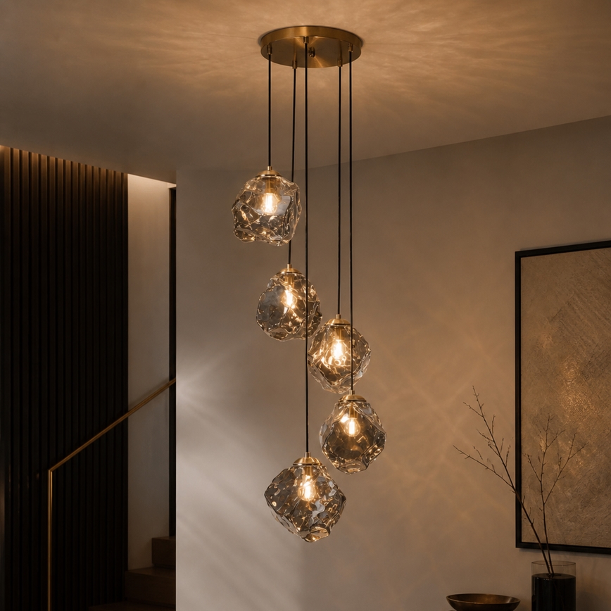 Κρεμαστό φωτιστικό με καλώδιο CRISTAL 5xE14/15W/230V ορείχαλκος/καπνιστό μαύρο