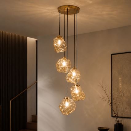 Κρεμαστό φωτιστικό με καλώδιο CRISTAL 5xE14/15W/230V ορείχαλκος/καπνιστό μπεζ