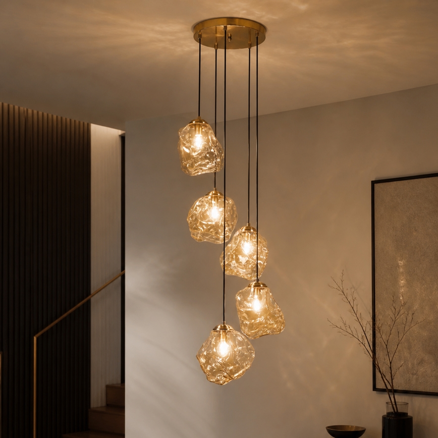 Κρεμαστό φωτιστικό με καλώδιο CRISTAL 5xE14/15W/230V ορείχαλκος/καπνιστό μπεζ